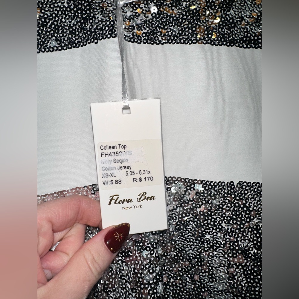 NWT Flora Bea New York Colleen Top- Ivory Sequin Cotton Jersey $170 MSRP - Picture 4 of 5